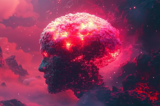 Futuristic digital art of a human silhouette with a fiery brain representing the power of thoughts intense emotions and the explosive potential of human creativity and intelligence