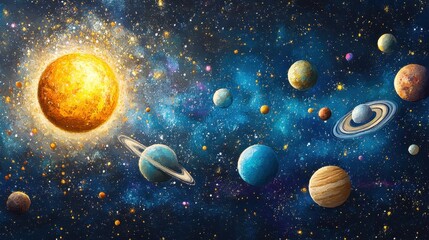 A set of round space planets of the solar system and Earth,sun the Moon,solar system objects for educational projects,hand painted planets and moons, satellites,watercolor painting in galaxy.