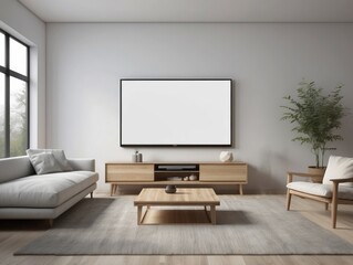 Modern Living Room with a Large Flat Screen TV, Couch, and Armchair