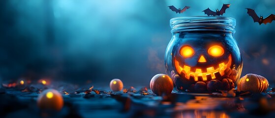 Spooky Halloween Candy Jar with Glowing Eyeballs and Bats in Dramatic Lighting  photography concept with copy space for text overlay  Dark moody and atmospheric Halloween themed still life
