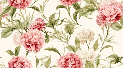 Timeless watercolor pattern with lush carnations and textured green foliage, seamlessly integrated for a vintage luxury look