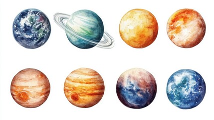 Fototapeta premium A set of round space planets of the solar system and Earth,sun the Moon,solar system objects for educational projects,hand painted planets and moons, satellites,watercolor painting in galaxy.