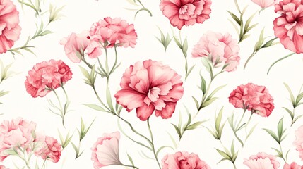 Watercolor carnations with subtle gradient colors and verdant leaves, arranged in a luxurious, seamless vintage pattern