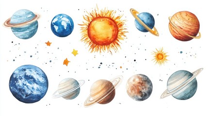 A set of round space planets of the solar system and Earth,sun the Moon,solar system objects for educational projects,hand painted planets and moons, satellites,watercolor painting in galaxy.