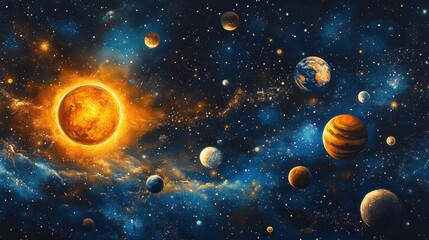 A set of round space planets of the solar system and Earth,sun the Moon,solar system objects for educational projects,hand painted planets and moons, satellites,watercolor painting in galaxy.