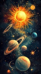 Fototapeta premium A set of round space planets of the solar system and Earth,sun the Moon,solar system objects for educational projects,hand painted planets and moons, satellites,watercolor painting in galaxy.