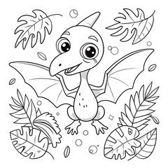 Fototapeta premium Playful Cartoon Pterodactyl with Tropical Leaves and Dinosaur Eggs for Coloring