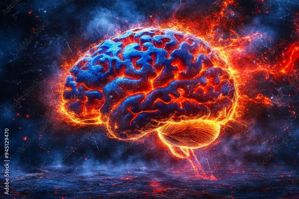 Aufkleber a brain with fiery patterns set against a backdrop of cosmic elements symbolizing the intense energy