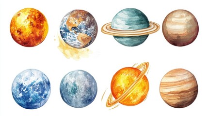 A set of round space planets of the solar system and Earth,sun the Moon,solar system objects for educational projects,hand painted planets and moons, satellites,watercolor painting in galaxy.