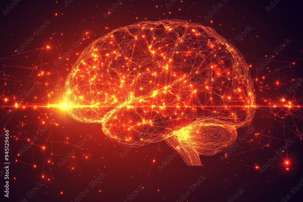 Poster a digital visualization of a brain made of interconnected glowing nodes representing the intricate n