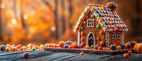 Haunted Gingerbread House with Spooky Halloween Candy Designs   Photography Concept  Festive and eerie scene with colorful candies pumpkins