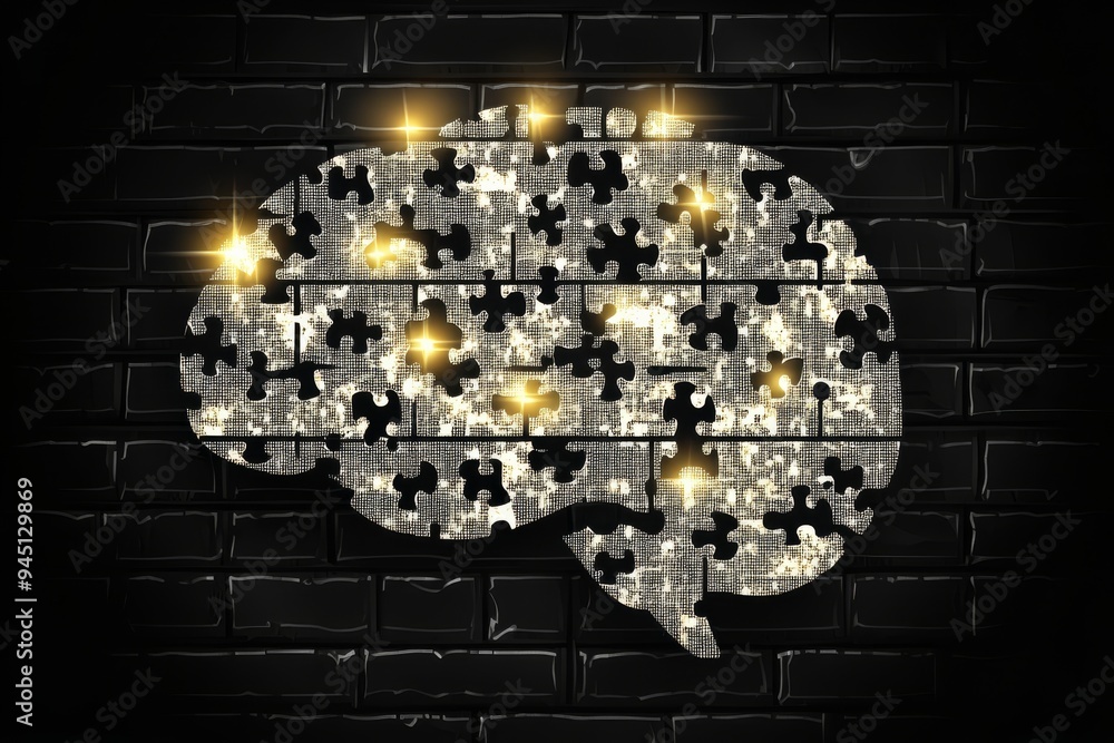 Poster a brain puzzle with glowing pieces set against a dark brick wall illustrating the challenges of ment