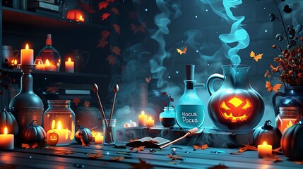 A vibrant "Hocus Pocus" scene in paper craft style, featuring magical spellbooks with glowing pages, wands, and bubbling potions, scattered across a table, with intricate layered textures and a soft,