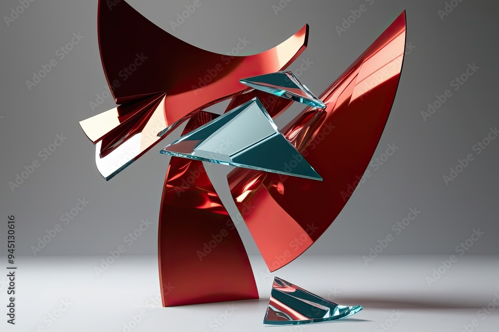 Poster 3d visuals of striking nonlinear shapes with glossy distorted glass elements