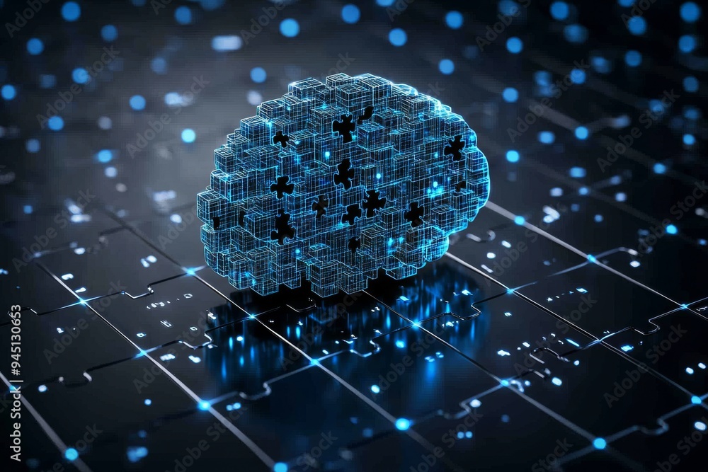 Poster a 3d brain puzzle with a digital blue glow symbolizing the fusion of traditional problem solving wit