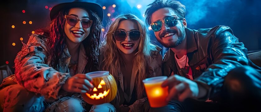 Guests dressed in vibrant nostalgia inducing costumes celebrating an 80s themed Halloween party with a dynamic colorful atmosphere and copy space for text