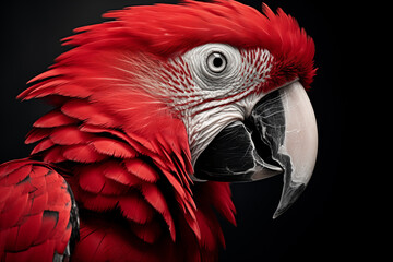 Fototapeta premium Vibrant Red Macaw Parrot in Profile with Detailed Feathers and Beak