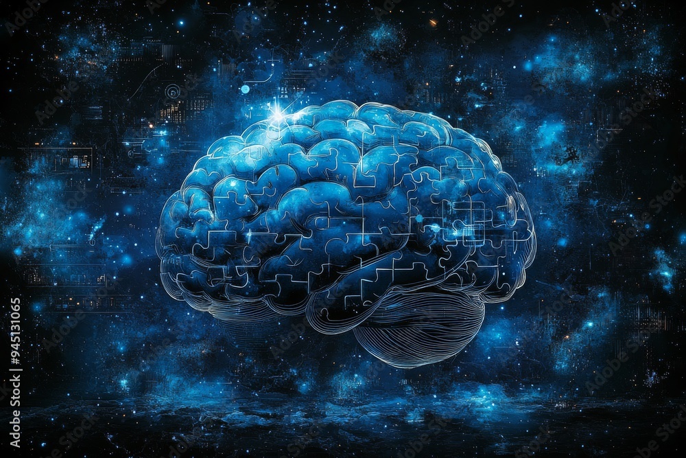 Poster cosmic themed digital art of a brain surrounded by a glowing nebula symbolizing the vast potential c