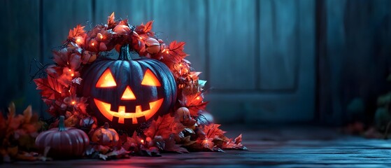 Spooky Jack o Lantern Candy Wreath with Eerie Autumn Accents   A photography concept featuring a glowing Halloween themed wreath made of candy and fall foliage  Copy space available for text overlay