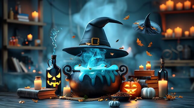 A whimsical paper art of a bubbling witch's cauldron, glowing with green potion, surrounded by potion bottles, spell books, and a floating witch's hat,
