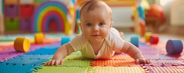 Adorable Baby Exploring and Developing Motor Skills on Colorful Play Mat with Soft Toy Weights