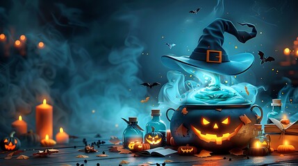 A whimsical paper art scene of a bubbling cauldron, with glowing green potion, paper potion bottles and spell books scattered around, a witch's hat hovering above, set against a dark, misty backdrop,