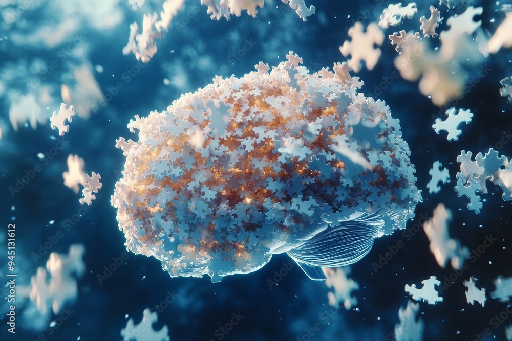 Poster a surreal brain composed of ice like puzzle pieces floating in a cold ethereal environment symbolizi