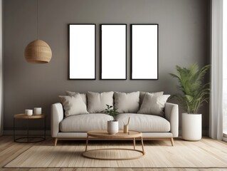 Minimalist Living Room Interior Design with White Sofa and Three Blank Frames