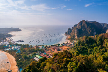 Obraz premium Aerial view Phi Phi island with turquoise clear water , Krabi Province. Amazing travel photo Thailand tropical paradise by drone