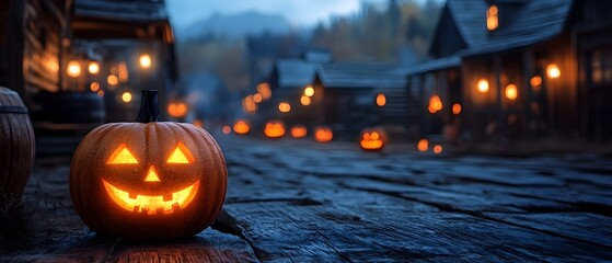 Spooky haunted ghost town in the old Wild West lit up with glowing Halloween lanterns and jack o lanterns under a moody night sky  Atmospheric and eerie autumn rural landscape