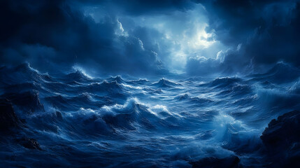 Fototapeta premium Dramatic Nighttime Ocean Waves with Moonlit Sky