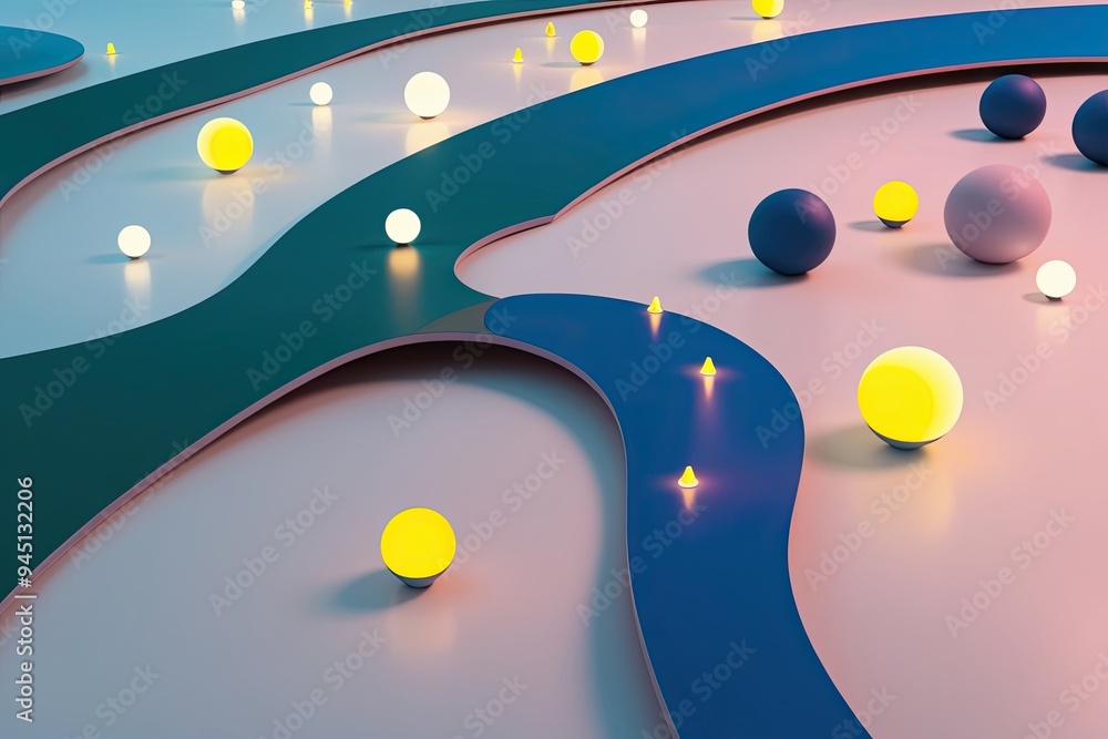 Poster 3d illustration of flowing curved shapes with scattered luminous objects in a chromatic design