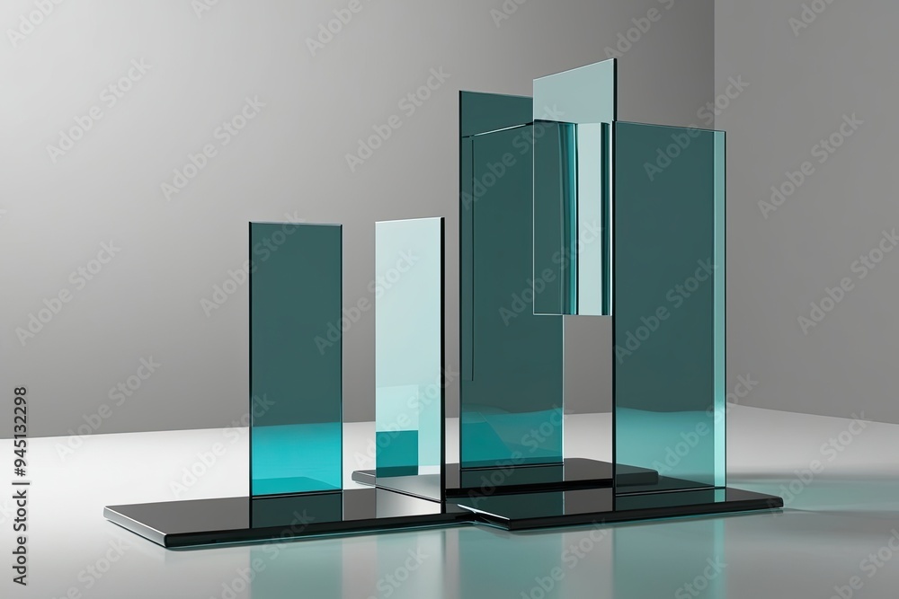 Poster stylized abstract geometric 3d modeling with glossy split glass shapes on minimalistic background