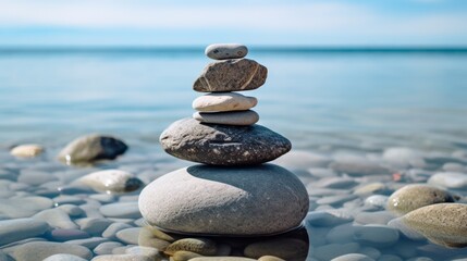 Balance pebble stone in the sand beach at sunset. Neural network ai generated art