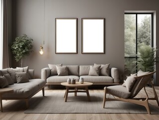 Minimalist Living Room with Two Blank Frames, Wooden Furniture, and a Large Window