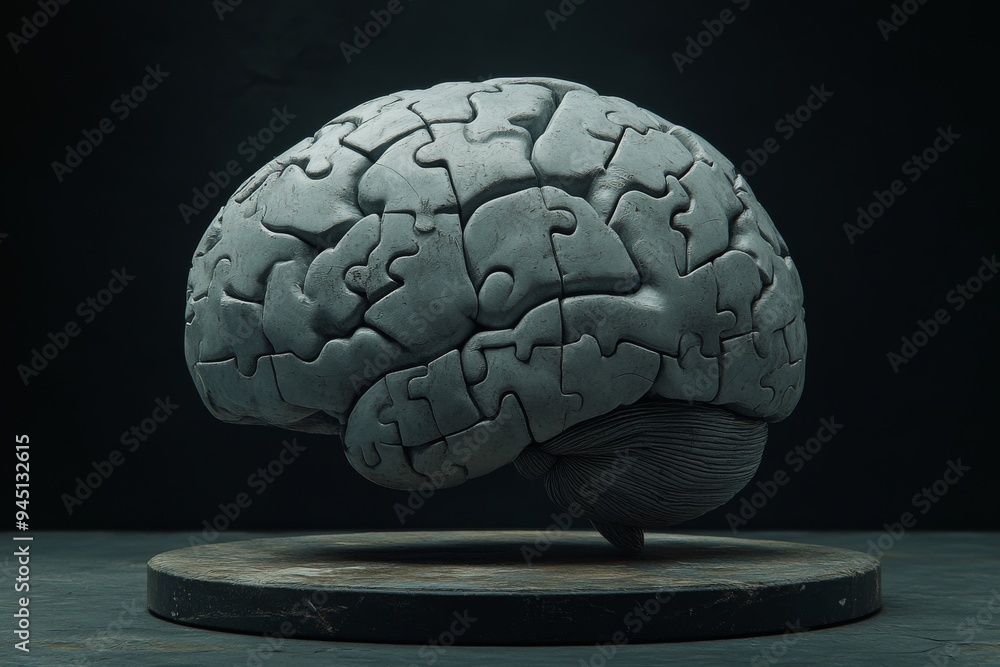 Poster a brain puzzle made of metallic pieces set against a dark background symbolizing the intricate and m