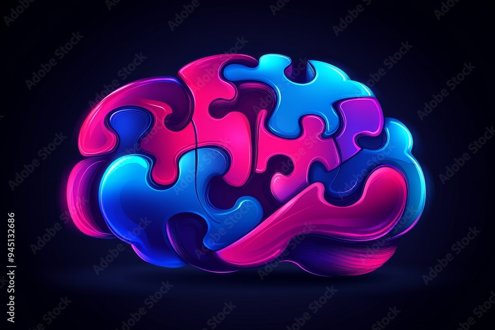 Poster a vibrant abstract digital brain with glowing purple and blue puzzle pieces symbolizing creativity c
