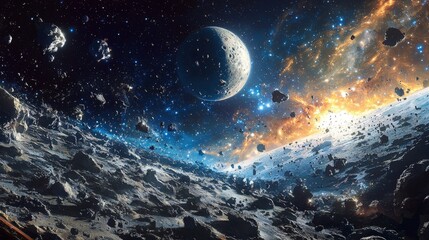 Fototapeta premium Celestial exploration with the moon and distant planets, spacecraft navigating through cosmic debris