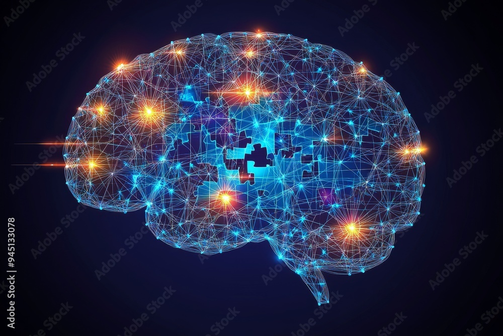Poster a digital brain with interconnected glowing nodes symbolizing the dynamic neural connections cogniti