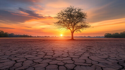 Lonely Tree in a Cracked Earth at Sunset