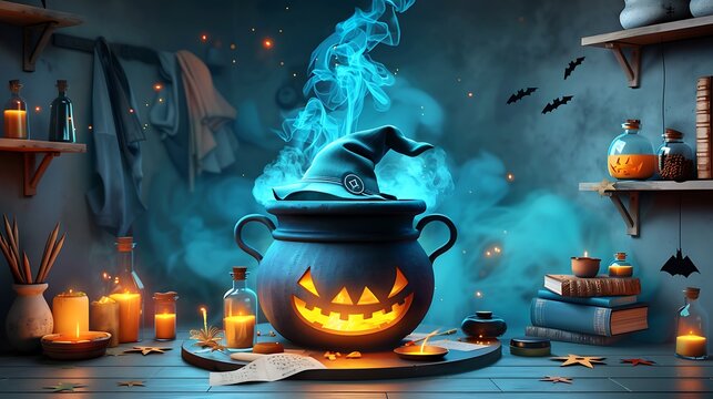A witch's cauldron bubbling with a glowing potion in a paper-crafted scene, with potion bottles, spell books, and a witch's hat made of layered paper,
