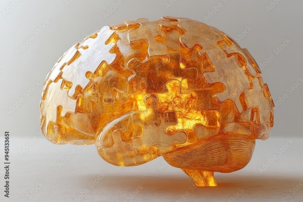 Poster a transparent orange brain puzzle with pieces floating inside symbolizing the complexity of human co