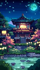 Obraz premium Japanese tea garden at night pixel art background. 8-bit game assets