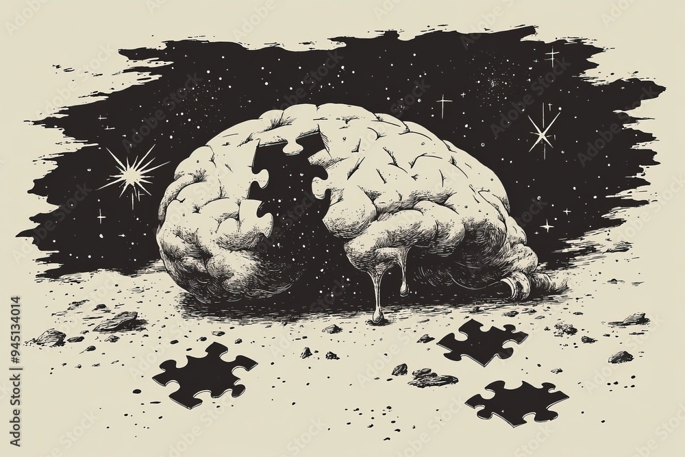 Poster an abstract black and white sketch of a brain puzzle symbolizing the complexities of mental health c