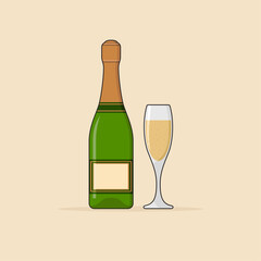 Bottle of Champagne with a Glass, Flat Design Vector Illustration.