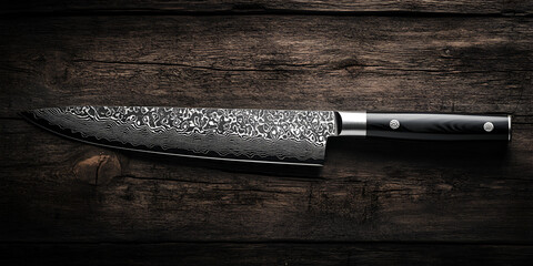 Damascus Steel Chef Knife on Wooden Table  © Kaneez