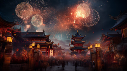 Chinese New Year Celebration with Fireworks and Lanterns