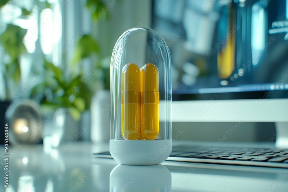 Poster a futuristic capsule containing a golden brain symbolizing the advanced intersection of biotechnolog