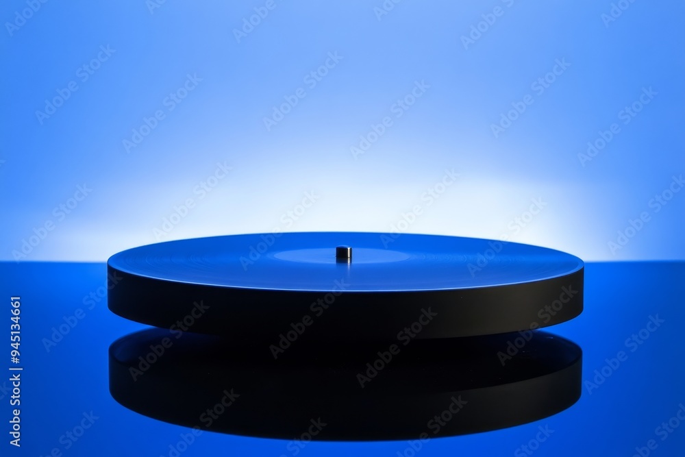 Poster minimalist image of a sleek round blue turntable against gradient blue background symbolizing modern