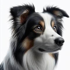 Fototapeta premium Close-up of a border collie dog with black and brown fur looking attentively at the camera on a white background. Generated by AI.